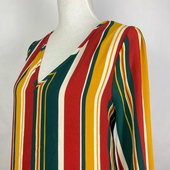 Entro | NWT Rustic Combo Vertical Stripe Tie Sleeve Short Shift Dress w Pockets - Picture 6 of 11